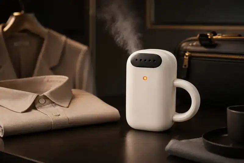 KORA Mini Steam concept beside a shirt and travel bag